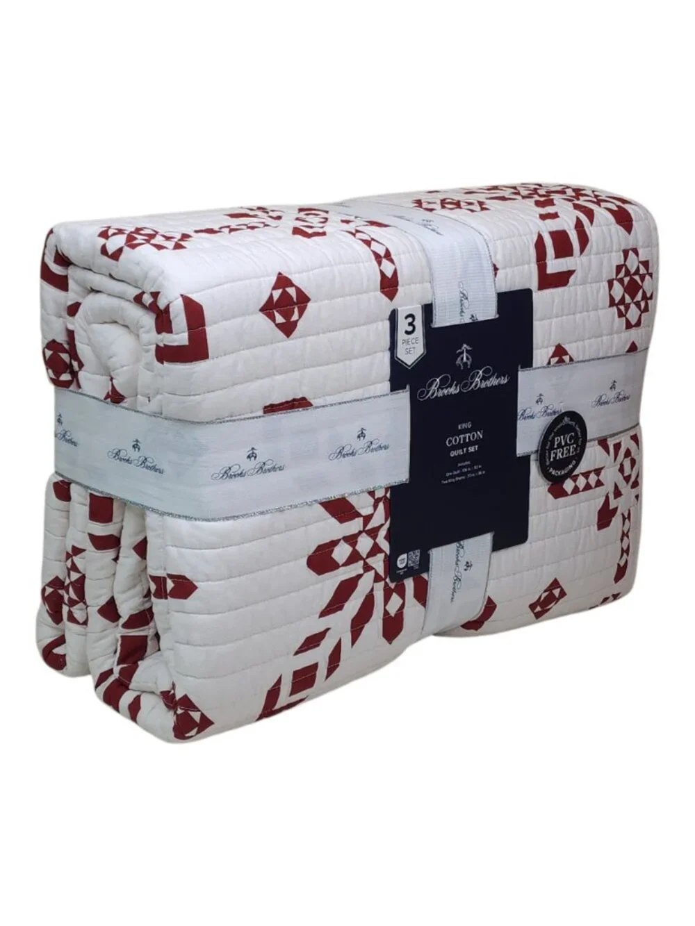 Brooks Brothers 3-Piece King Cotton Quilt Set 2 Shams Red & White Snowflakes